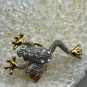 Sparkling Rhinestone Frog Pin Brooch - Gold & Silver Tone Animal Jewelry